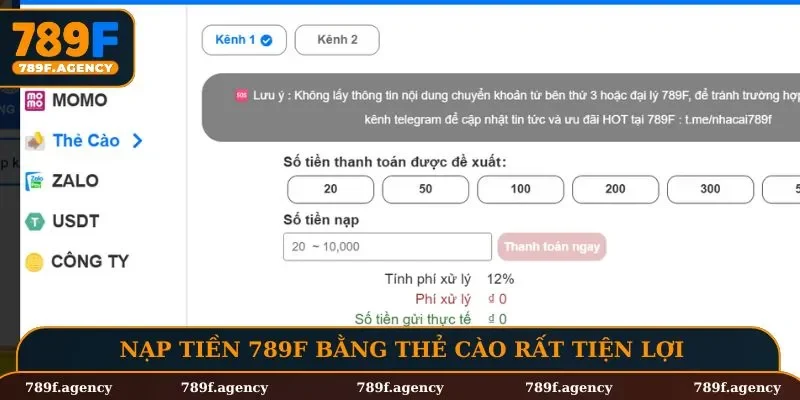 Nạp tiền 789F bằng thẻ cào rất tiện lợi